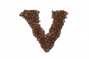 Letter V roasted coffee beans with white background
