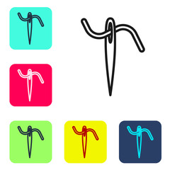 Black line Needle for sewing with thread icon isolated on white background. Tailor symbol. Textile sew up craft sign. Embroidery tool. Set icons in color square buttons. Vector Illustration