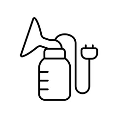 Electric breast pump with plug. Line art icon for expressing milk. Black simple illustration of device connected to socket. Contour isolated vector image on white background