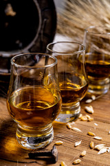 Small tasting glasses with aged Scotch whisky on old dark wooden vintage table with barley grains