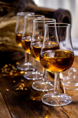 Tasting glasses with aged Scotch whisky or bourbon on old dark wooden vintage table with barley grains