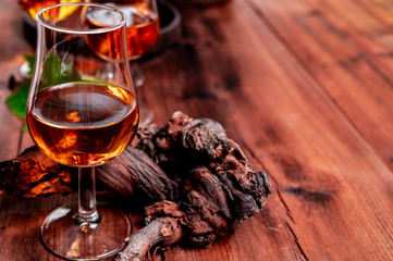 Tasting of aged french cognac brandy in old cellars of cognac-producing regions Champagne or Bois, France