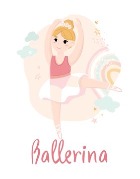 Cartoon little dancing ballerina in a dance position on an abstract background with rainbows, stars, clouds. Decorative poster for the choreography Studio, children's room. Vector illustration.