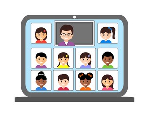 Online Class. Distance learning. Study from home via Teleconference Web Video. Online education concept.  Vector illustration.