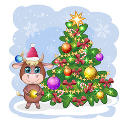 Merry Christmas and Happy New year. Funny cow in red hat with gift in cartoon style. Greeting card.