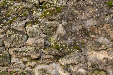 Naklejka premium Stone texture at the foot of a mountain or cliff or cave wall, dotted with grooves and covered with moss