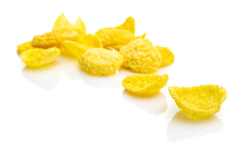 Healthy grains Cornflakes milk breakfast. Snack Cereal corn flakes isolated on white background. Clean-eating food with antioxidant, omega-3, protein and copy space.