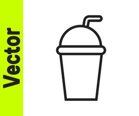 Black line Paper glass with drinking straw and water icon isolated on white background. Soda drink glass. Fresh cold beverage symbol. Vector Illustration