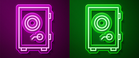 Glowing neon line Safe icon isolated on purple and green background. The door safe a bank vault with a combination lock. Reliable Data Protection. Vector Illustration