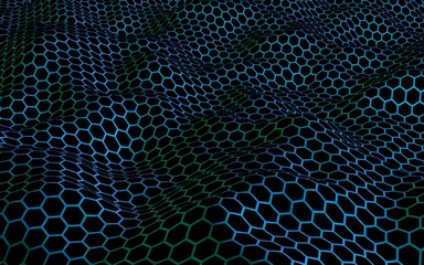 Honeycomb blue wave effect on a dark background. Perspective view on polygon look like honeycomb. Isometric geometry. 3D illustration