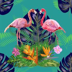 Trendy seamless pattern pink flamingo birds couple. Bright camelia flowers. Tropical monstera green leaves.
