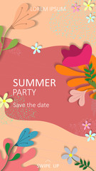 Summer vertical banner. Used for background, wallpaper, flyer, blog, post, social media ad, sale banner, screensaver, social media stories, event invitation. Vector illustration.