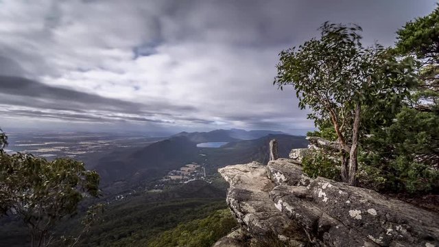 4k Time lapse of the view from a view point at the Grampians National Park with fast moving clouds.