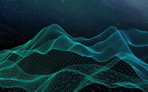 Abstract landscape on a dark background. Cyberspace grid. hi tech network. Outer space. Starry outer space texture. 3D illustration © Plastic man