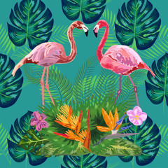 Naklejka premium seamless pattern of trendy bird pink flamingos. art design wallpaper
