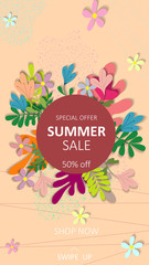 Summer discount vertical banner. Used for background, wallpaper, flyer, blog, post, social media ad, sale banner, screensaver, social media stories, event invitation. Vector illustration.