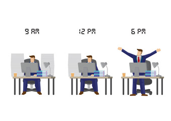 Businessman working from 9 to 6. Concept of work life balance, work progress or work efficiency.