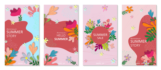 Set of abstract summer backgrounds for social media stories. Colorful banners with summer flowers. Use for event invitation, discount voucher, advertising, screensaver. Vector illustration.