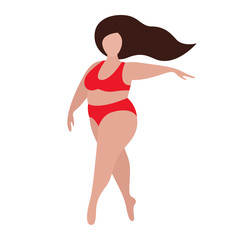 A fat white woman in red underwear or a bathing suit with flowing hair is dancing. The concept of body positivity and love for your body. Vector stock flat illustration isolated on a white background.