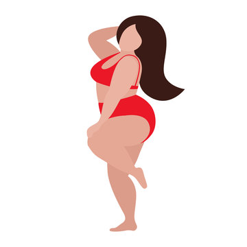 A fat white woman in red underwear or a bathing suit with flowing hair is dancing. The concept of body positivity and love for your body. Vector stock flat illustration isolated on a white background.