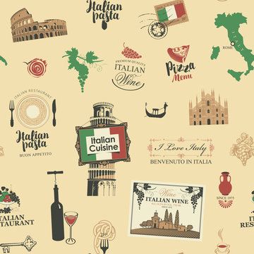 Vector abstract seamless pattern on the theme of Italy and Italian cuisine in retro style on a beige background. Suitable for Wallpaper, wrapping paper, fabric