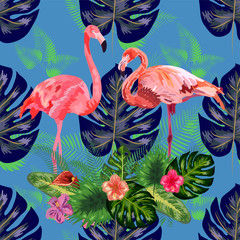Fototapeta premium Bright green tropical jungle rainforest palm tree leaves. Pink exotic flamingo wading birds couple. Seamless pattern texture