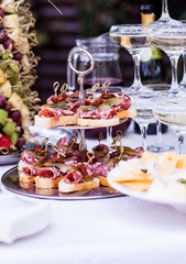 Delicious cold snacks catering at the wedding party