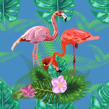 seamless floral summer pattern background with tropical palm leaves, flamingo, hibiscus. © MichiruKayo