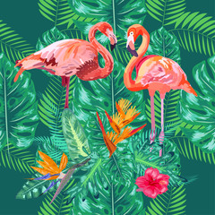 Naklejka premium seamless floral summer pattern background with tropical palm leaves, flamingo, hibiscus.