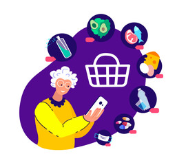 Online Supermarket.Covid,Coronavirus Epidemic Quarantine Isolation.Old Pensioner Shop,Smartphone.Buy,Home,Receive Parcel.Medical Face Mask,Antiseptic,Disinfector,Food.COVID 19.Flat Vector Illustration