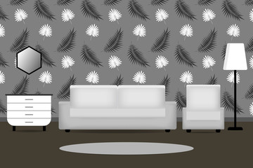 Living room interior with sofa, armchair, bedside table, mirror and floor lamp. Wallpaper with palm leaves