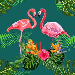 Naklejka premium Bright green tropical jungle rainforest palm tree leaves. Pink exotic flamingo wading birds couple. Seamless pattern texture