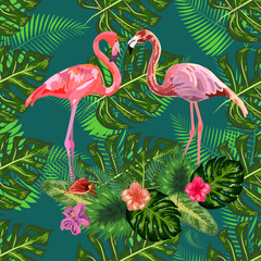 Bright green tropical jungle rainforest palm tree leaves. Pink exotic flamingo wading birds couple. Seamless pattern texture