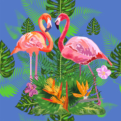 Obraz premium Bright green tropical jungle rainforest palm tree leaves. Pink exotic flamingo wading birds couple. Seamless pattern texture