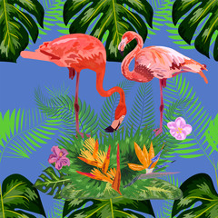 Obraz premium seamless floral summer pattern background with tropical palm leaves, flamingo, hibiscus.