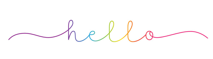 HELLO rainbow-colored vector monoline calligraphy banner with swashes