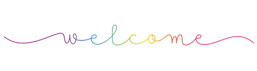 WELCOME rainbow-colored vector monoline calligraphy banner with swashes