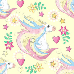 Cute unicorn, princess concept, girl beauty seamless pattern. cartoon design.
