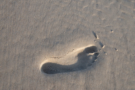 Fussabdruck des nackten Fusses im feinen, feuchten und festen Sand eines Strandes