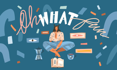 Hand drawn vector abstract stock graphic illustration with young female student study reading at home and abstract confetti,handwritten lettering phase Oh what fun isolated on color background