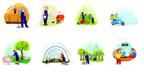 Harvesting People. Farmer flat illustration. People gathering crops or seasonal harvest, collecting ripe vegetables, picking fruits and berries, remove leaves. Men, women work on a farm. Flat design
