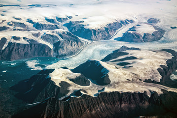 Western coast of Greenland, aerial view of glacier,  mountains and ocean