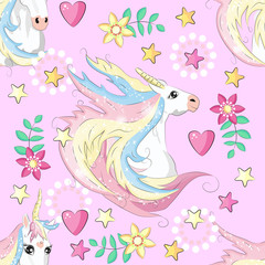 Cute unicorn, princess concept, girl beauty seamless pattern. cartoon design.