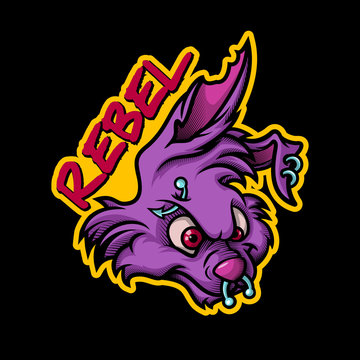 Rebel Rock bunny mascot. Colorful vector illustration of rabbit head with piercing in cartoon ink style. Isolated on black.