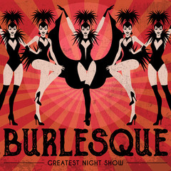 Burlesque show poster invitation. Vector illustration in vintage Art Deco style of dancing cabaret girls. - obrazy, fototapety, plakaty