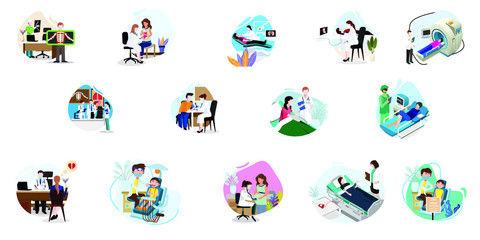 Doctors treat they patients. Medical staff work to heal patients. Doctor for covid19  patients. corona virus disease. Work from home. Flat vector illustration isolated on white background.