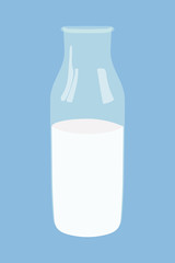 Milk. Glass bottle of milk. Healthy calcium product. Fresh dairy drink symbol. Vector stock illustration isolated on blue background in flat cartoon style. Happy Day of Milk!