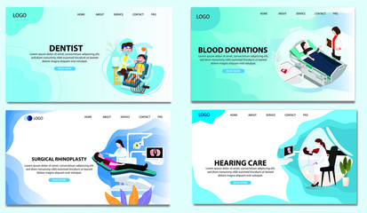 Woman give a blood donation. Concept for Blood donors. The doctor checks a dental health of girls. Concept for Health and medical. Web Template Concept. Landing Page Concept. Flat Vector Illustration