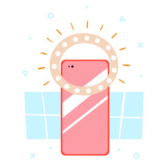 Little cute pink mobile phone with ring lighting. Blogger attribute. Technologies. Elements. Flat colourful vector illustration, art isolated on white background.