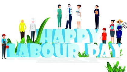Labour Day Poster With People Of Different Occupations isolated on white background. Flat Vector Illustration